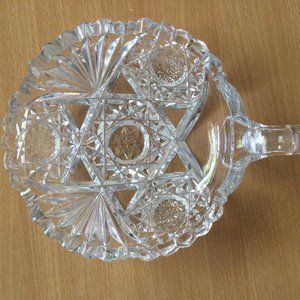Vintage ABP Cut Glass Hobstars & Fans Decorated Finger Grip Handled Bowl